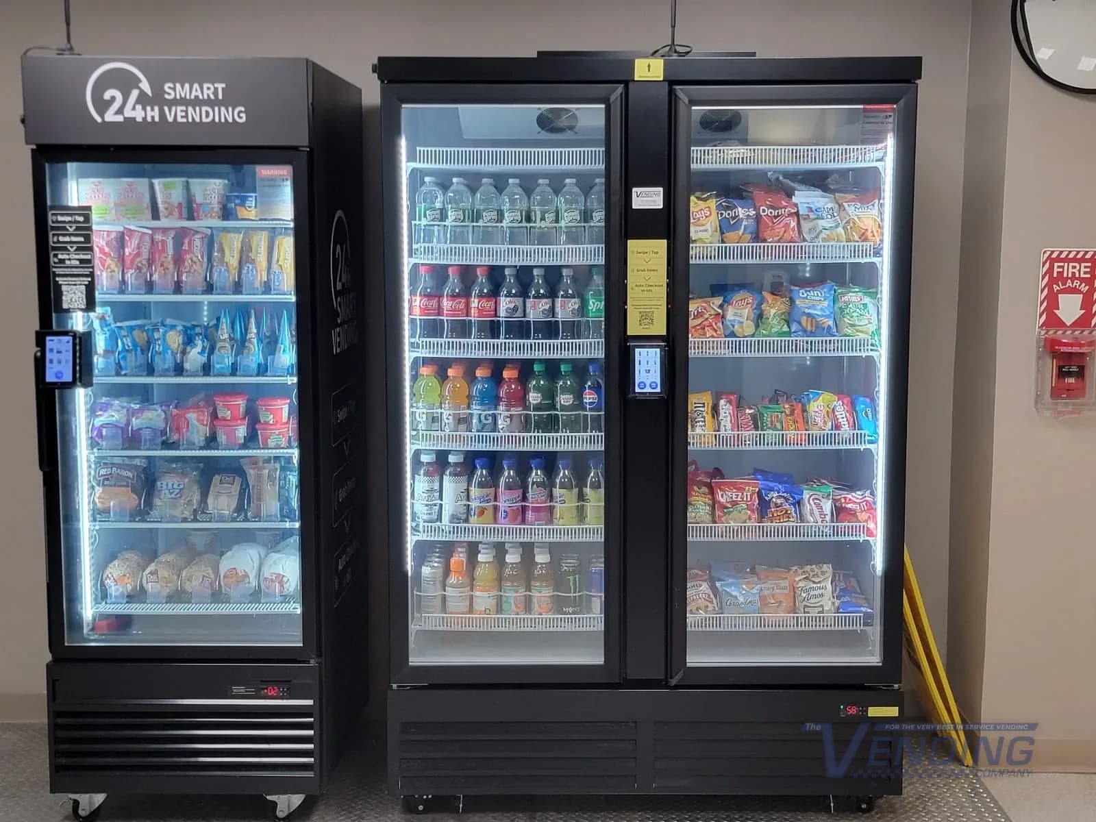 A bank of vending machines and a smart market installed in a workplace corridor