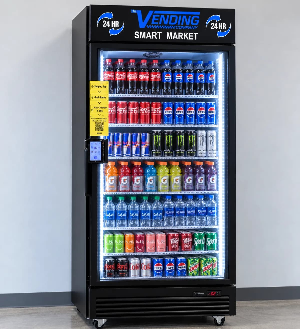 Glass-front cold beverage vending machine stocked with bottled water, soda and energy drinks