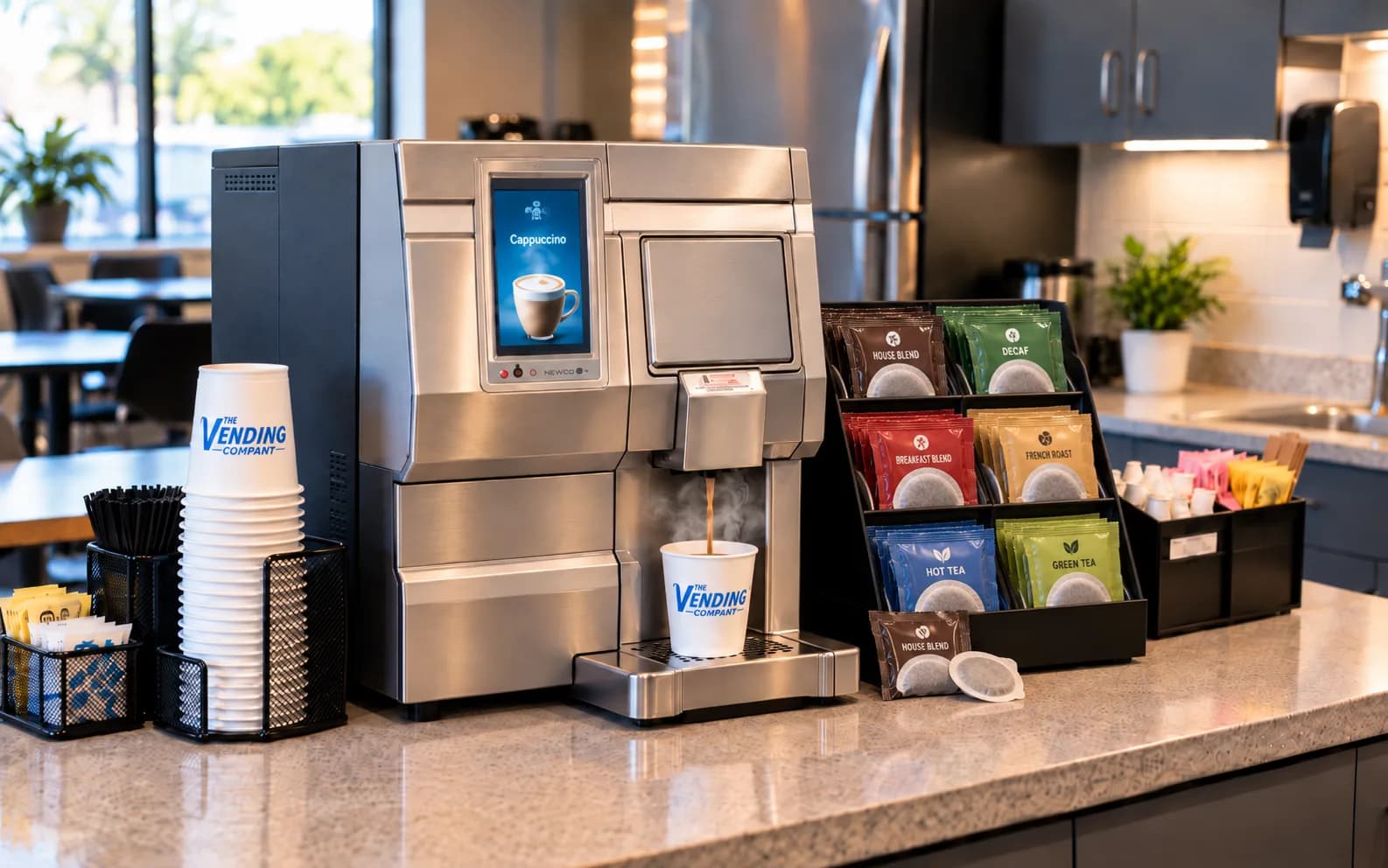 Office coffee station with a commercial brewer on a counter